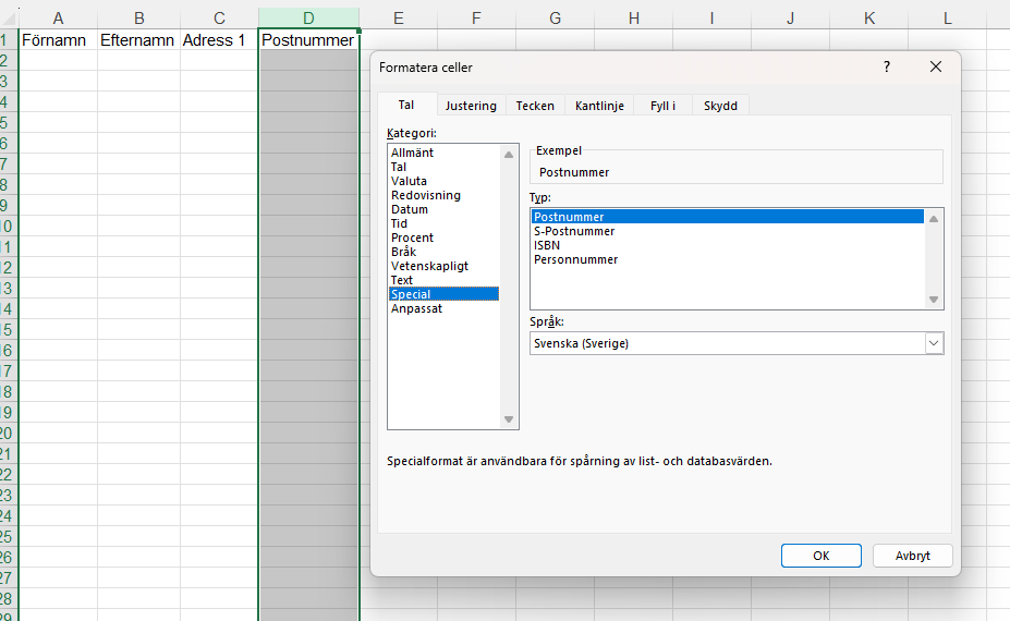 Excel-inställningar för cellformat med postnummer
